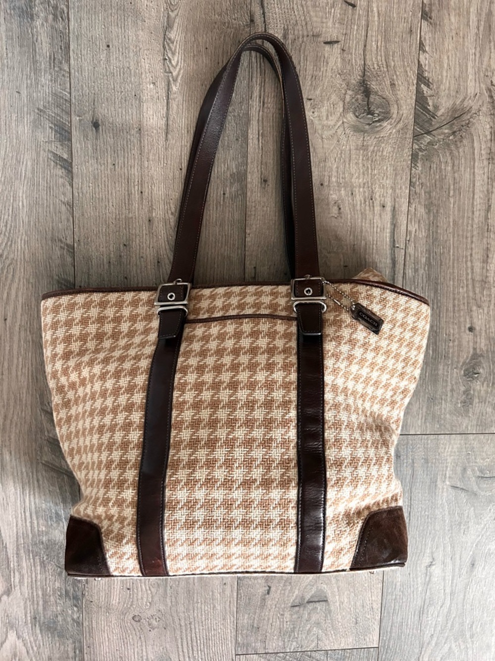 Vintage 2005 Coach 5178 Houndstooth Wool Leather Hamptons Tote Bag